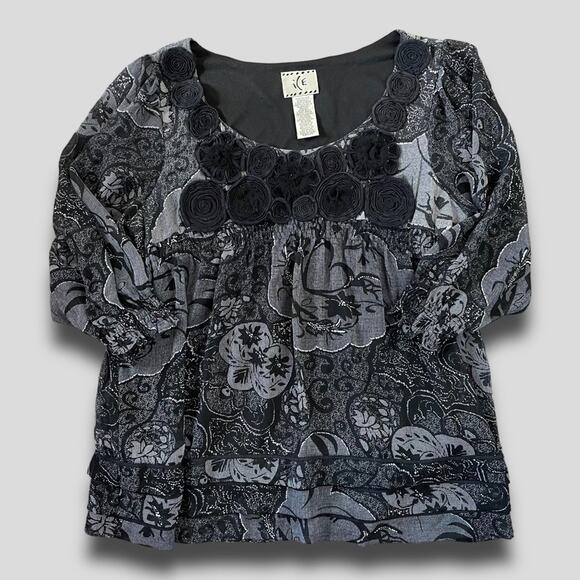 VINTAGE LS EMPIRE WAIST ICE ROSE FLORAL DETAIL BLACK GRAY SIZE LARGE - Picture 1 of 9